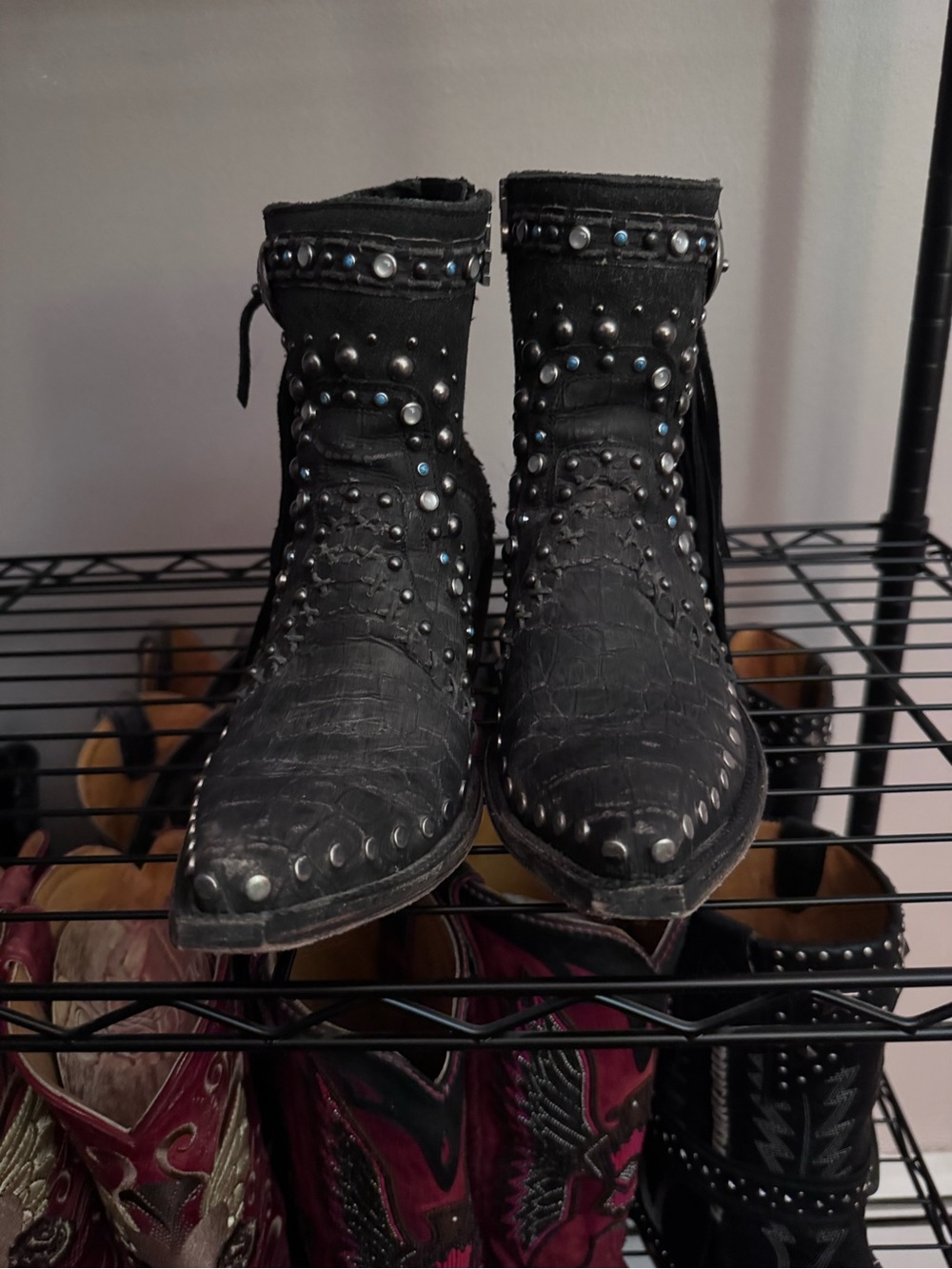 Old Gringo Black Studded Croc-Textured Ankle Boots with Fringe